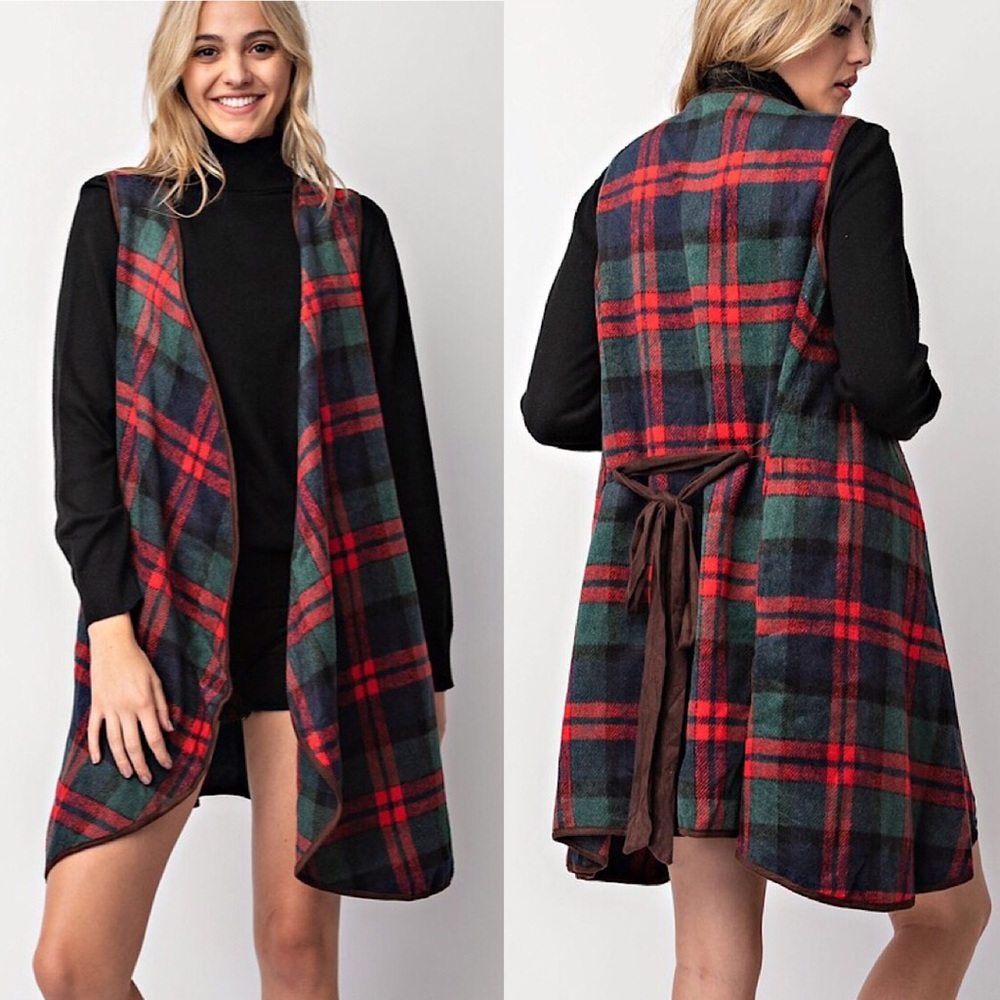 ✨Last One✨Tartan Plaid Print Belted Open Vest - Picture 2 of 2